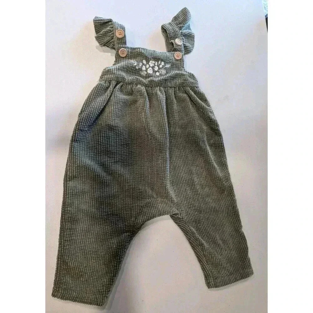Vtg PatPat Corduroy Romper‎ Toddler 18-24M Forest Green Embroidered Wood Buttons